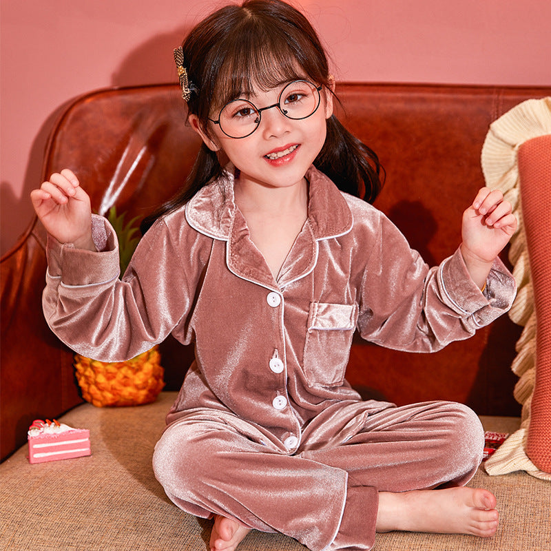 Children's Gold Velvet Pajama Set – Soft Solid Color Sleepwear