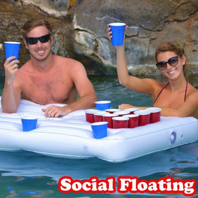 Water Party Inflatable Beer Pong Table – Pool Float with Cup Holders