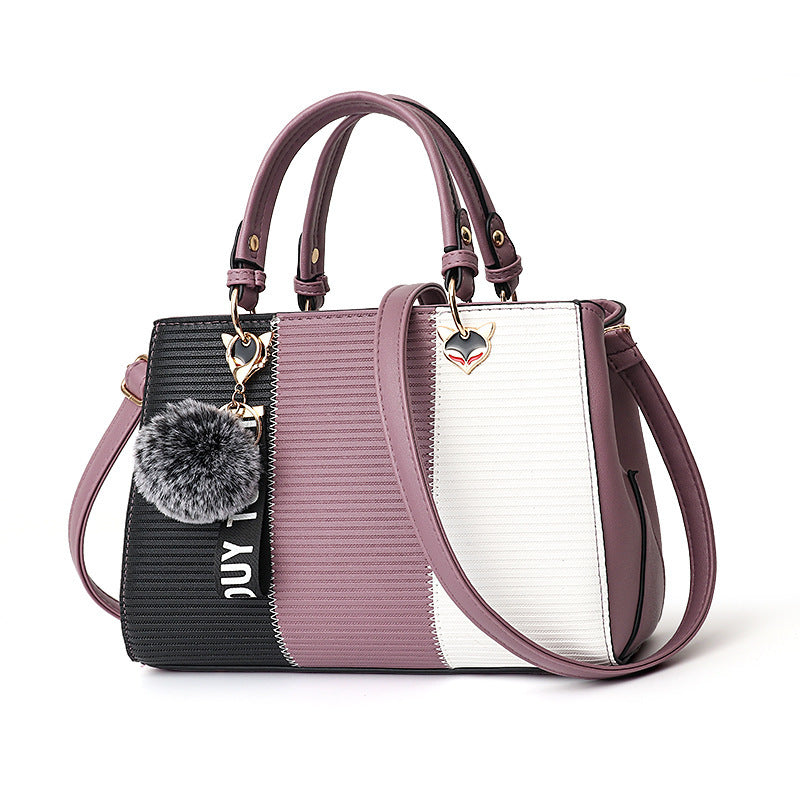 Women Patchwork Handbag with Hairball Ornament – Tote, Party & Crossbody Bag