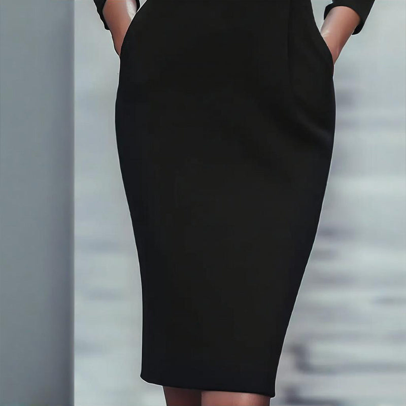Women’s Black V-Neck Bodycon Midi Dress with Belt