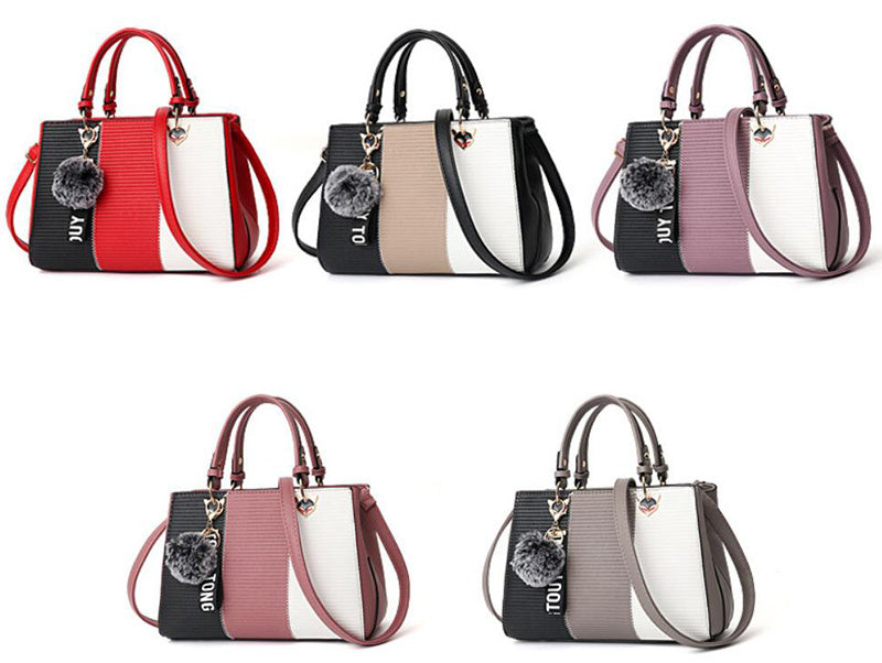 Women Patchwork Handbag with Hairball Ornament – Tote, Party & Crossbody Bag