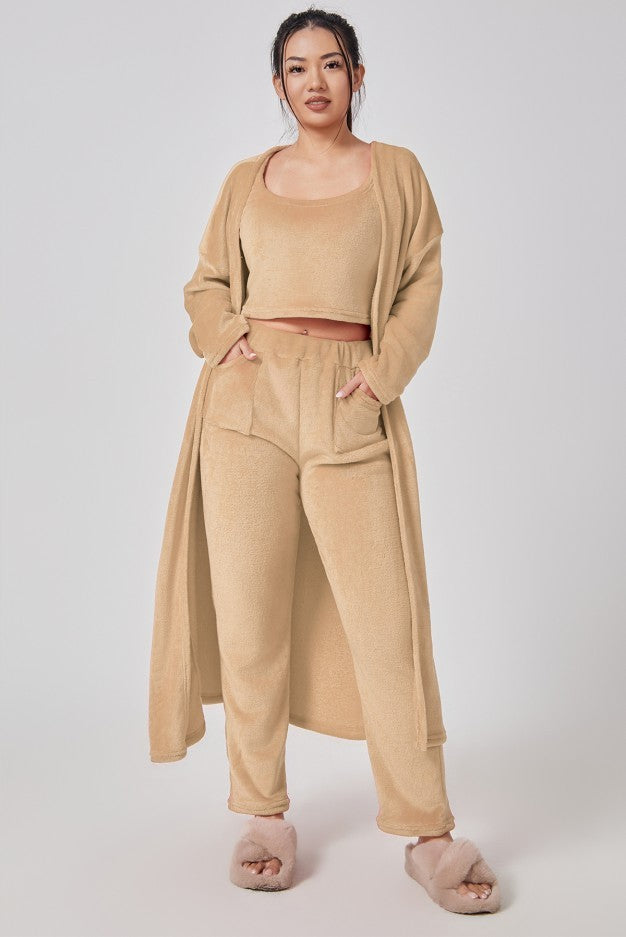 Women's 3-Piece Cozy Pajama Set – Warm Winter Loungewear with Top, Pants & Cardigan