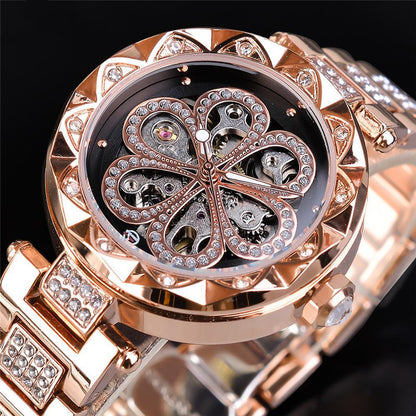 Forsining Ladies Mechanical Automatic Watch – Luxury Rose Gold Rhinestone