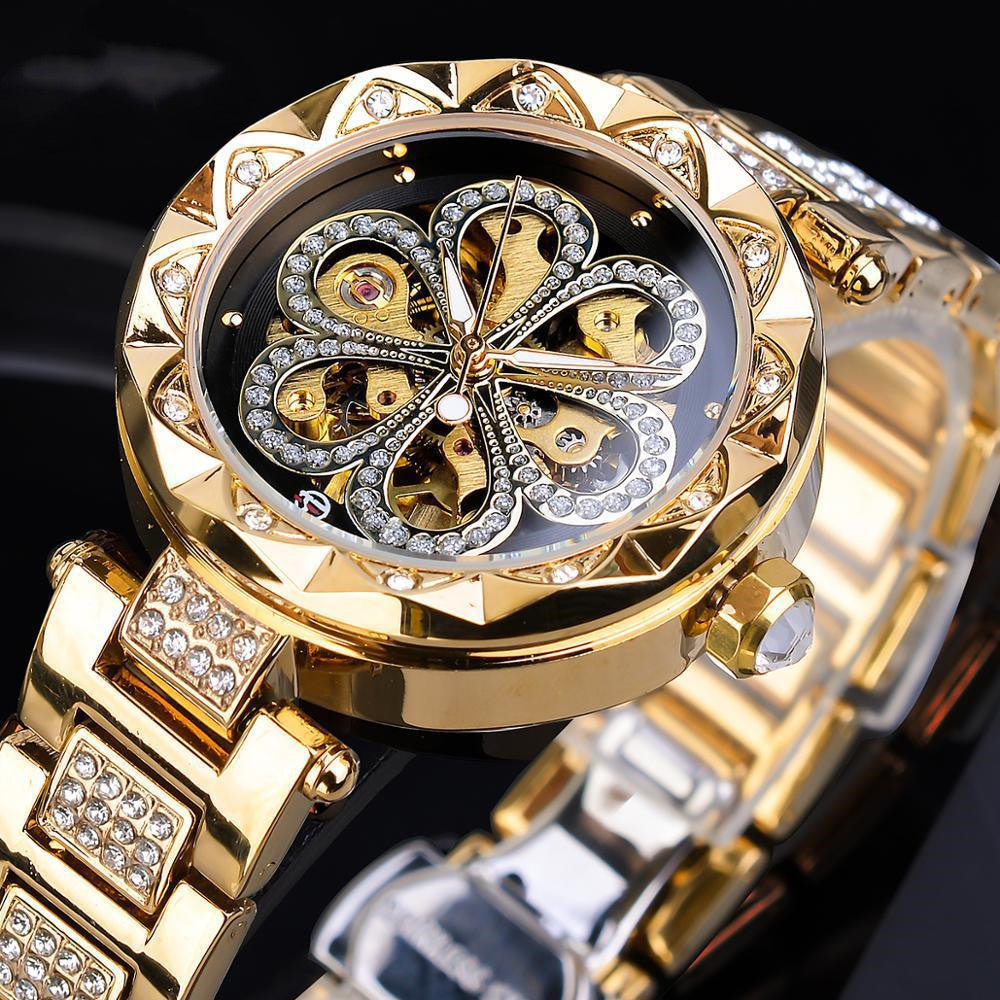 Forsining Ladies Mechanical Automatic Watch – Luxury Rose Gold Rhinestone