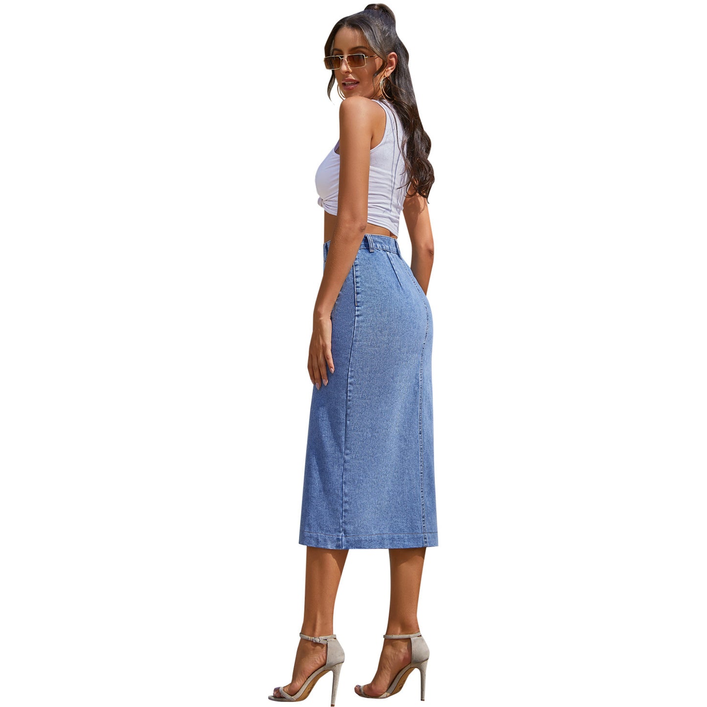 Women’s High Waist Denim Skirt with Button Slit