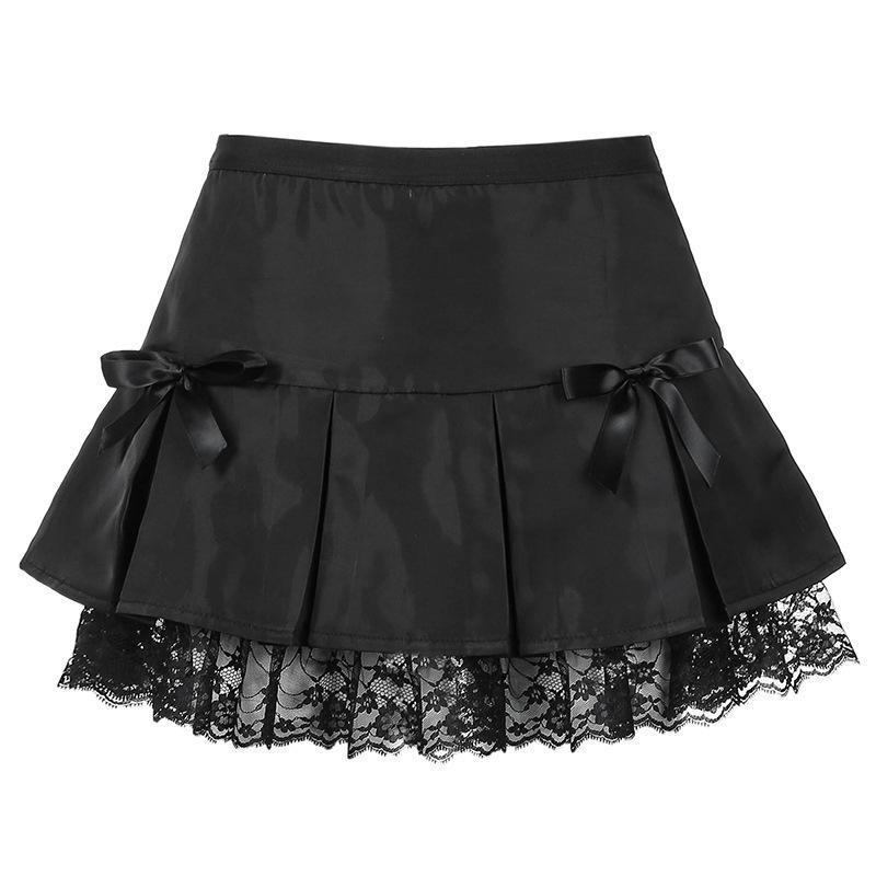 Women’s Black Goth Pleated Skirt with Lace Trim