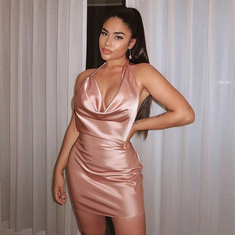 Women's Satin V-Neck Backless Mini Party Dress