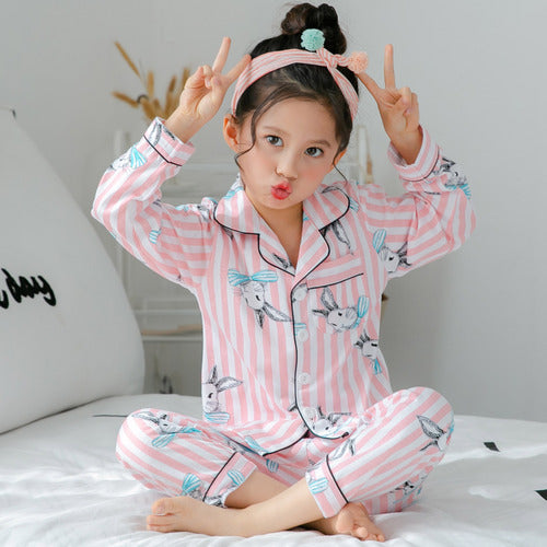 Girls’ Printed Cotton Pajamas Set – Long Sleeve Thin Homewear for Kids