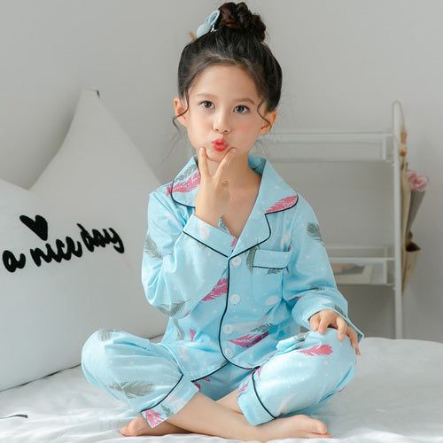 Girls’ Printed Cotton Pajamas Set – Long Sleeve Thin Homewear for Kids