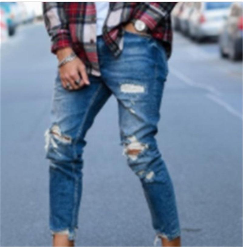 Men’s Hole Ripped Jeans – Casual Denim Pants