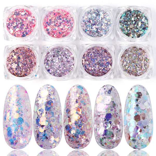 8 Box Mix Glitter Nail Art Powder Flakes Set – Sparkling Decoration for Manicure & DIY Nails