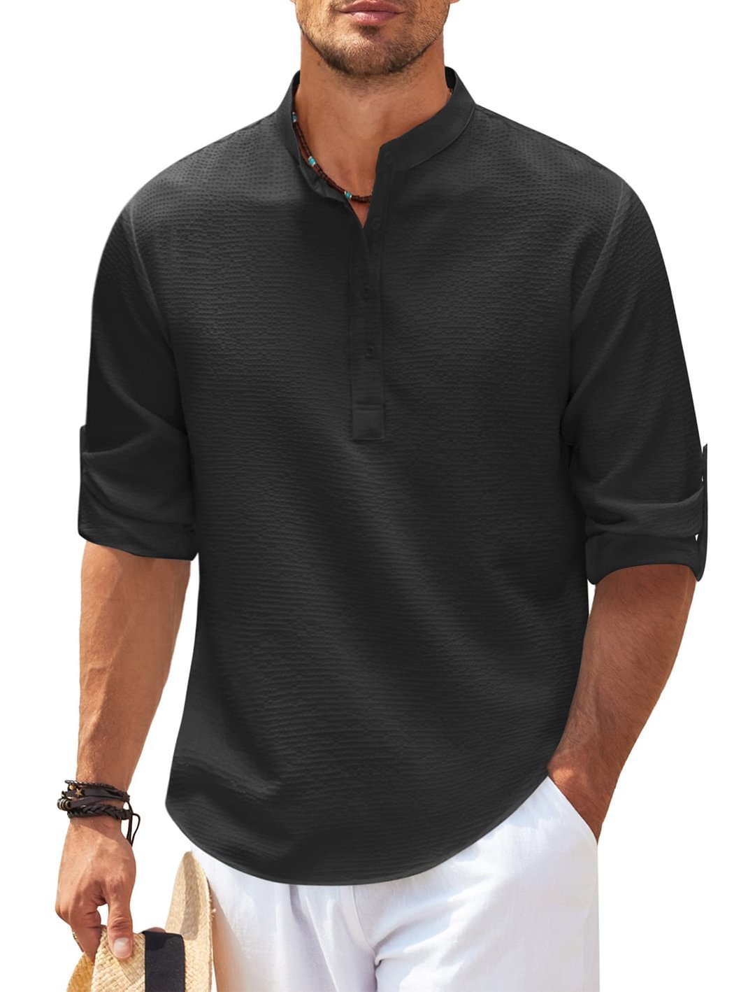 Men's Solid Color Long Sleeve Stand Collar Shirt