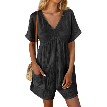 Women’s Summer V-Neck Short Sleeve Romper with Pockets