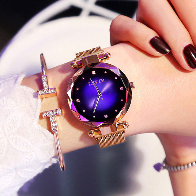 Rose Gold Women’s Diamond Watch – Starry Sky Magnetic Waterproof
