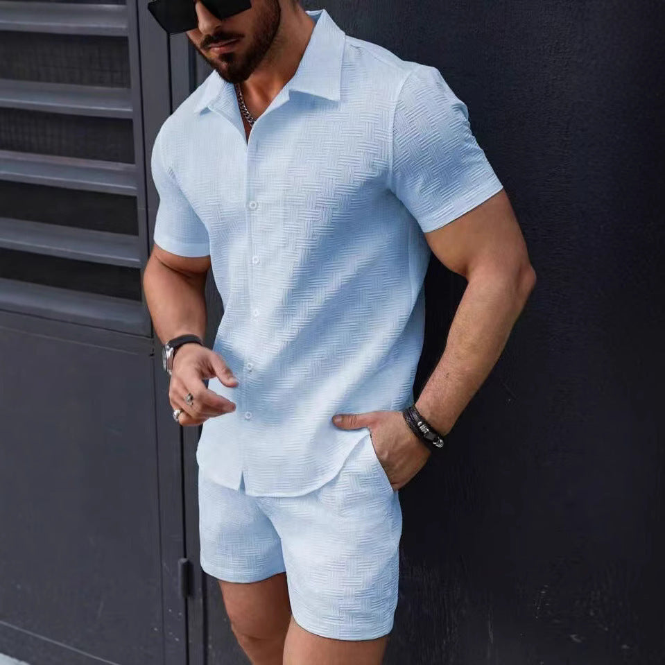 Men’s Summer Beach Two-Piece Set – Short Sleeve Shirt & Shorts