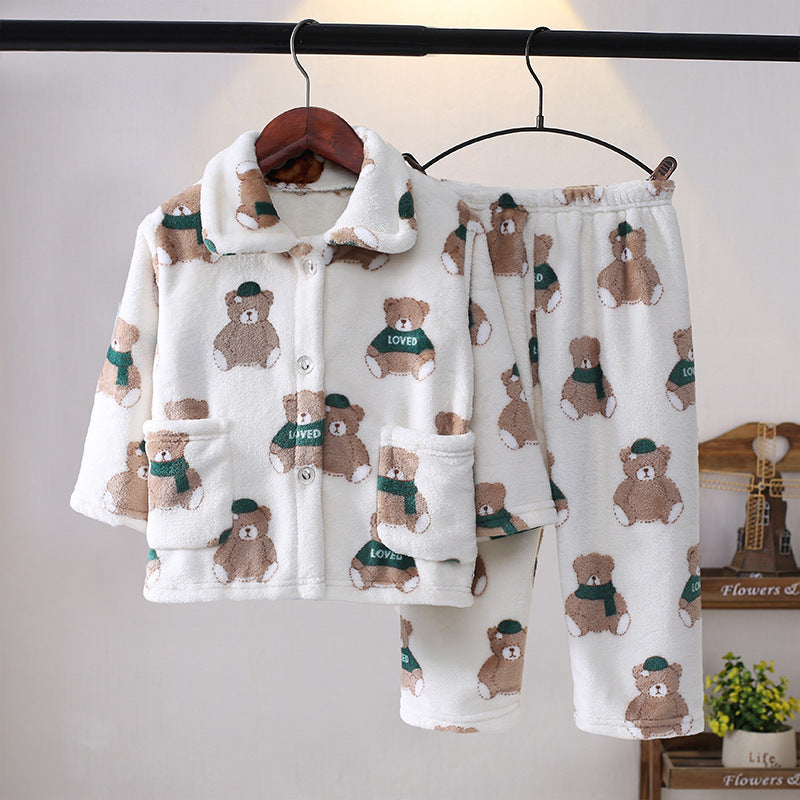 Boys’ & Girls’ Flannel Homewear – Kawaii Cartoon Animal Pajamas