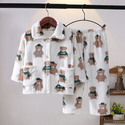 Boys’ & Girls’ Flannel Homewear – Kawaii Cartoon Animal Pajamas