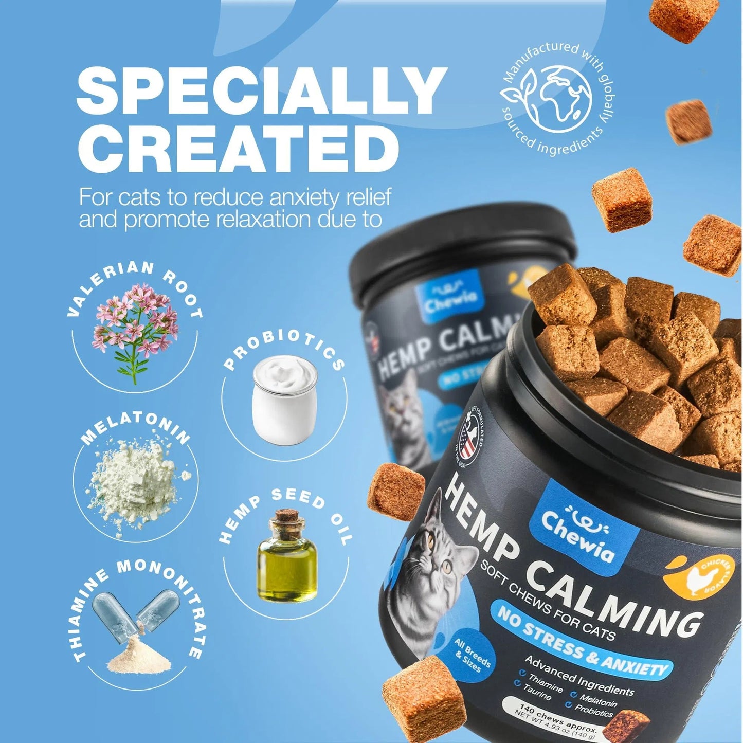Cat Calming Treats – Hemp & Melatonin Soft Chews with Probiotics for Anxiety Relief