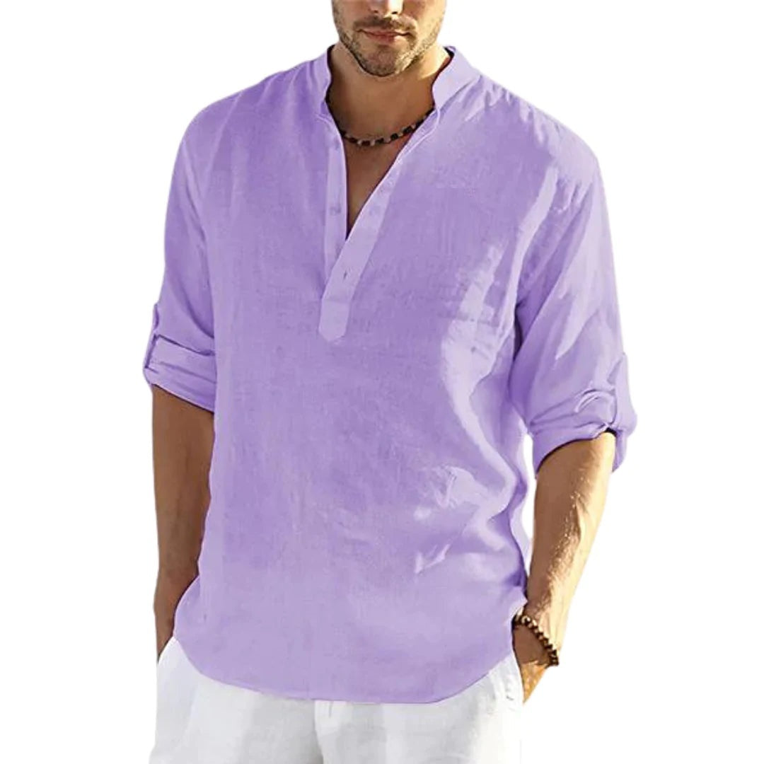 Men’s Cotton Linen Shirt – Casual Long Sleeve with Stand Collar