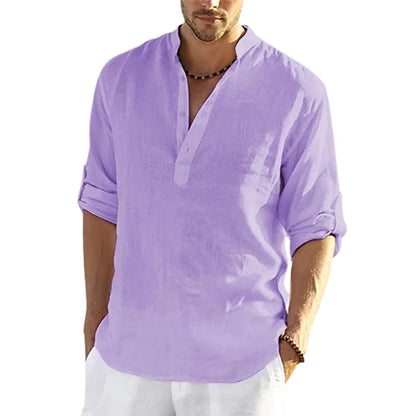 Men’s Cotton Linen Shirt – Casual Long Sleeve with Stand Collar