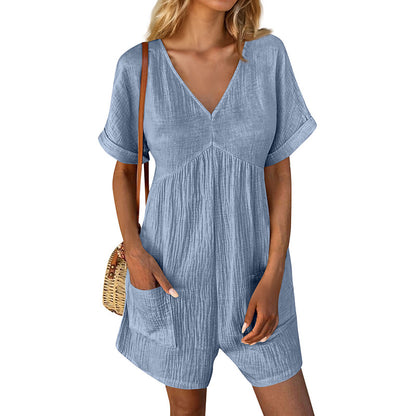 Women’s Summer V-Neck Short Sleeve Romper with Pockets
