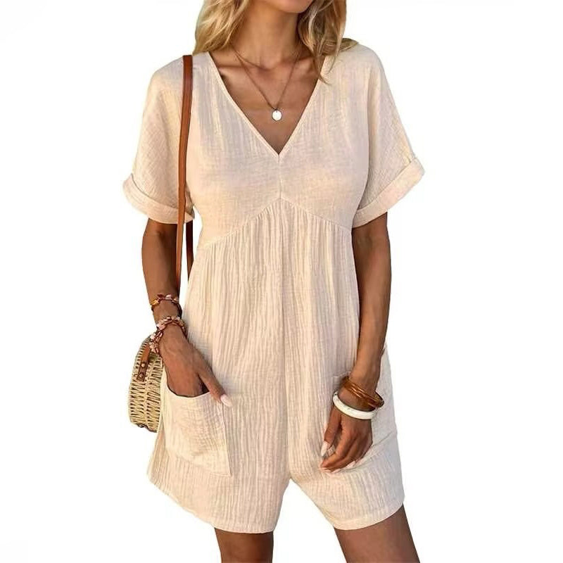 Women’s Summer V-Neck Short Sleeve Romper with Pockets