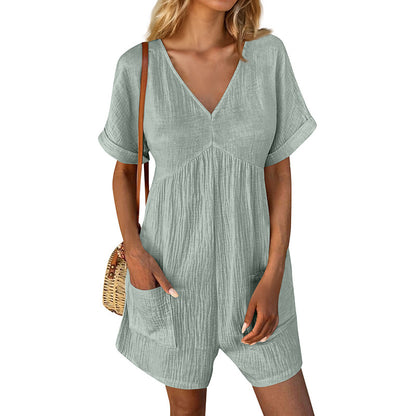 Women’s Summer V-Neck Short Sleeve Romper with Pockets