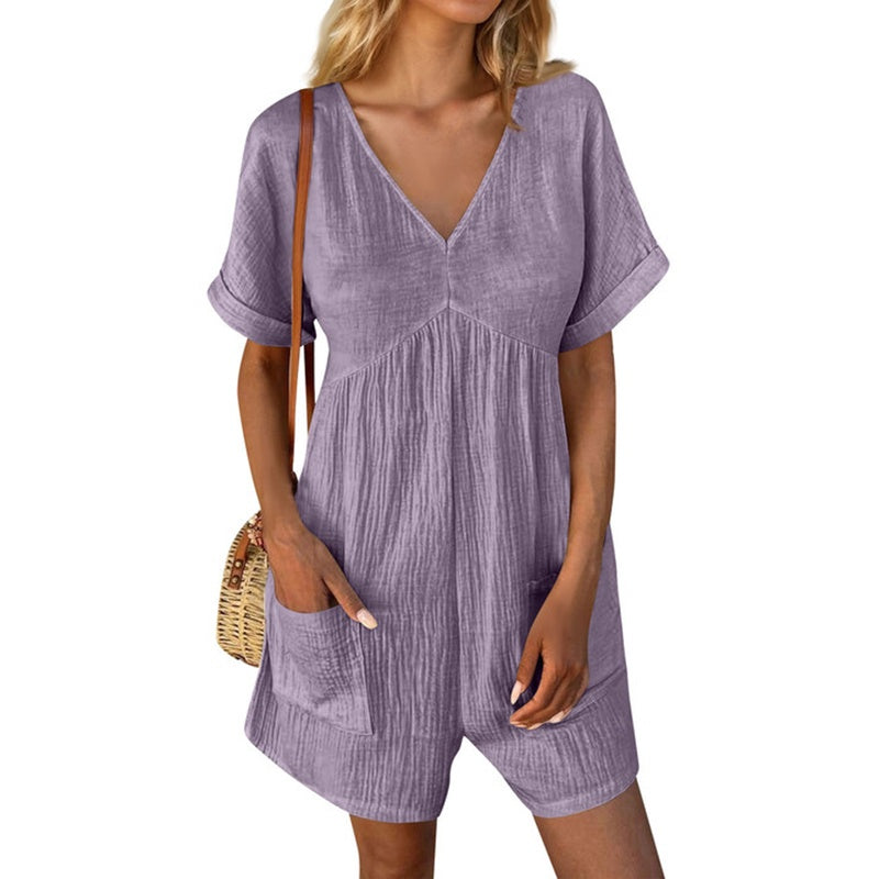 Women’s Summer V-Neck Short Sleeve Romper with Pockets