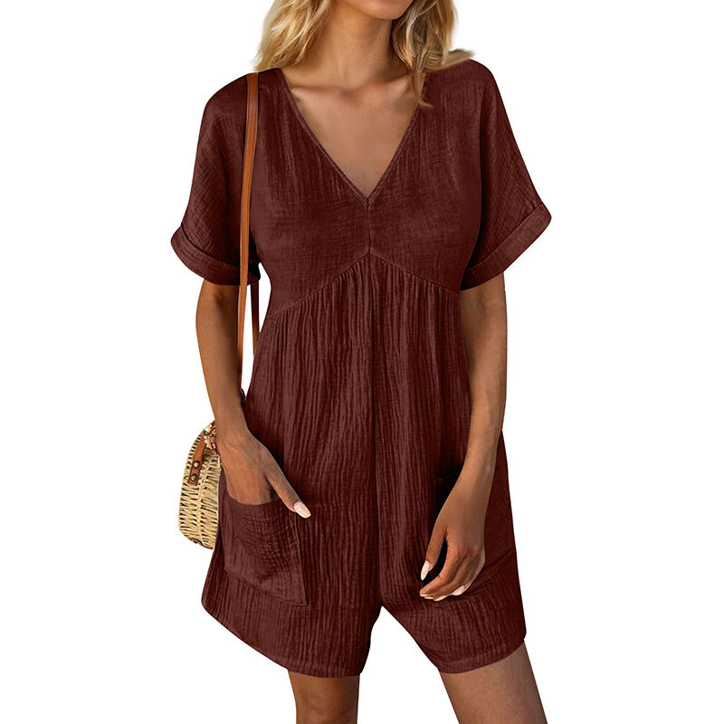 Women’s Summer V-Neck Short Sleeve Romper with Pockets