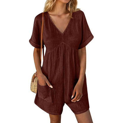 Women’s Summer V-Neck Short Sleeve Romper with Pockets