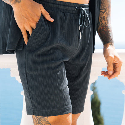 Men’s 2-Piece Summer Set – Short Sleeve Lapel Shirt & Shorts, Beach Style Streetwear