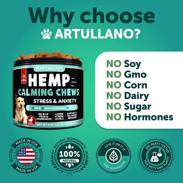 Hemp Calming Chews for Dogs – Anxiety Relief Treats with Hemp Oil, Turmeric, Valerian & Ginger (120 Chews)