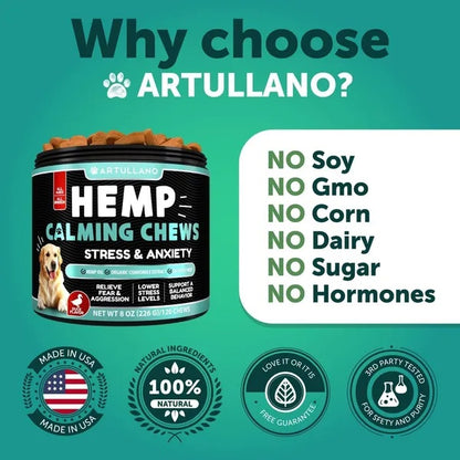 Hemp Calming Chews for Dogs – Anxiety Relief Treats with Hemp Oil, Turmeric, Valerian & Ginger (120 Chews)