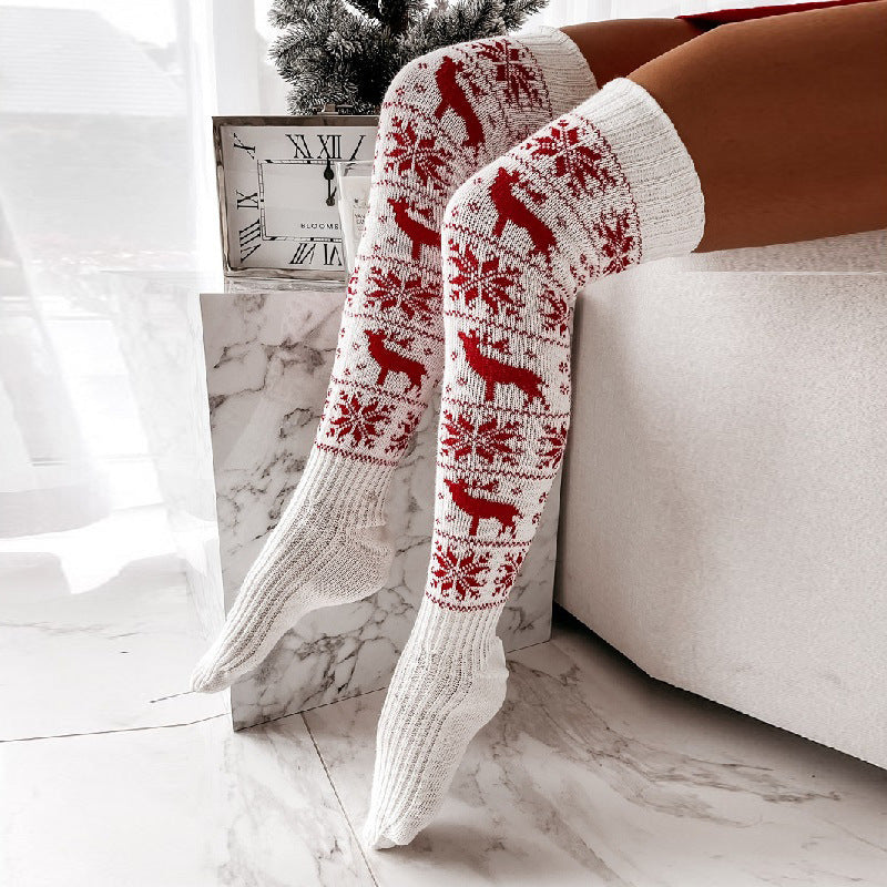 Women's Christmas Over-the-Knee Socks – Warm Knitted Elk & Snowflake Design