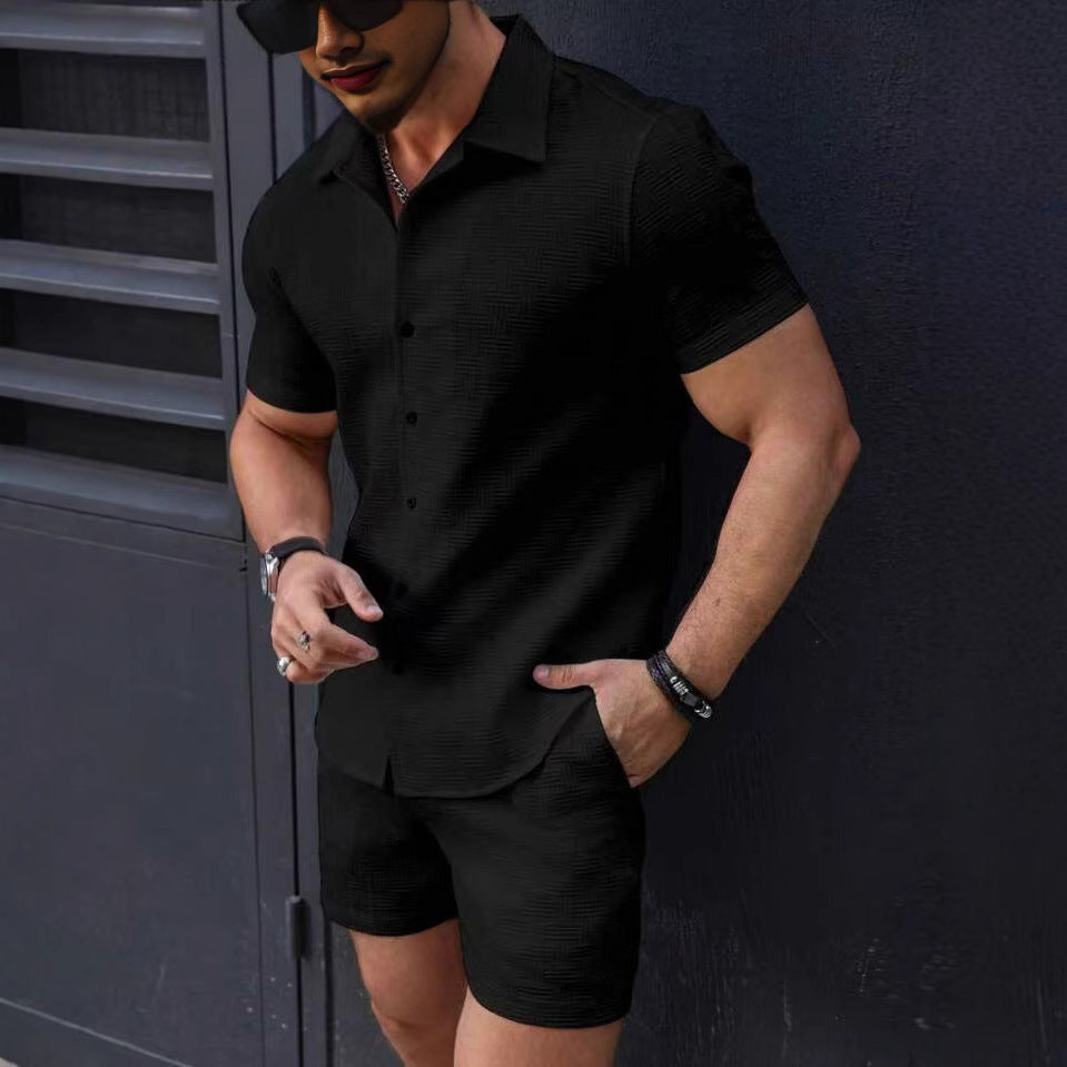 Men’s Summer Beach Two-Piece Set – Short Sleeve Shirt & Shorts