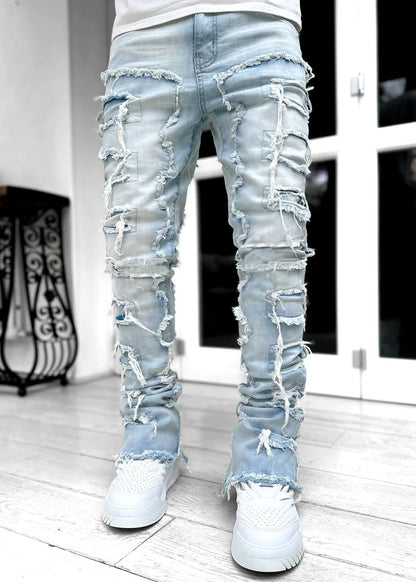 Men’s Stacked Jeans – Slim Fit Patched Denim Trousers
