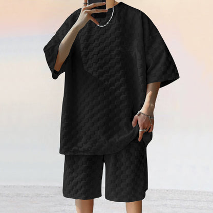 Men’s Jacquard Plaid Casual Shorts Suit – Loose Straight Fit