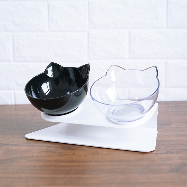 Non-Slip Double Cat & Dog Bowl with Raised Stand – Transparent Pet Feeder for Healthy Eating & Cervical Protection