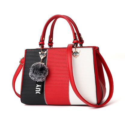 Women Patchwork Handbag with Hairball Ornament – Tote, Party & Crossbody Bag