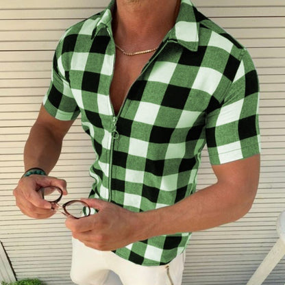 Men’s Plaid T-Shirt – Zipper Short Sleeve Summer Shirt