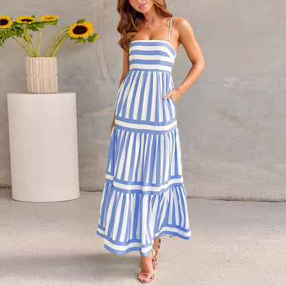 Women’s Striped Sleeveless Maxi Dress with Pockets – Beach Vacation