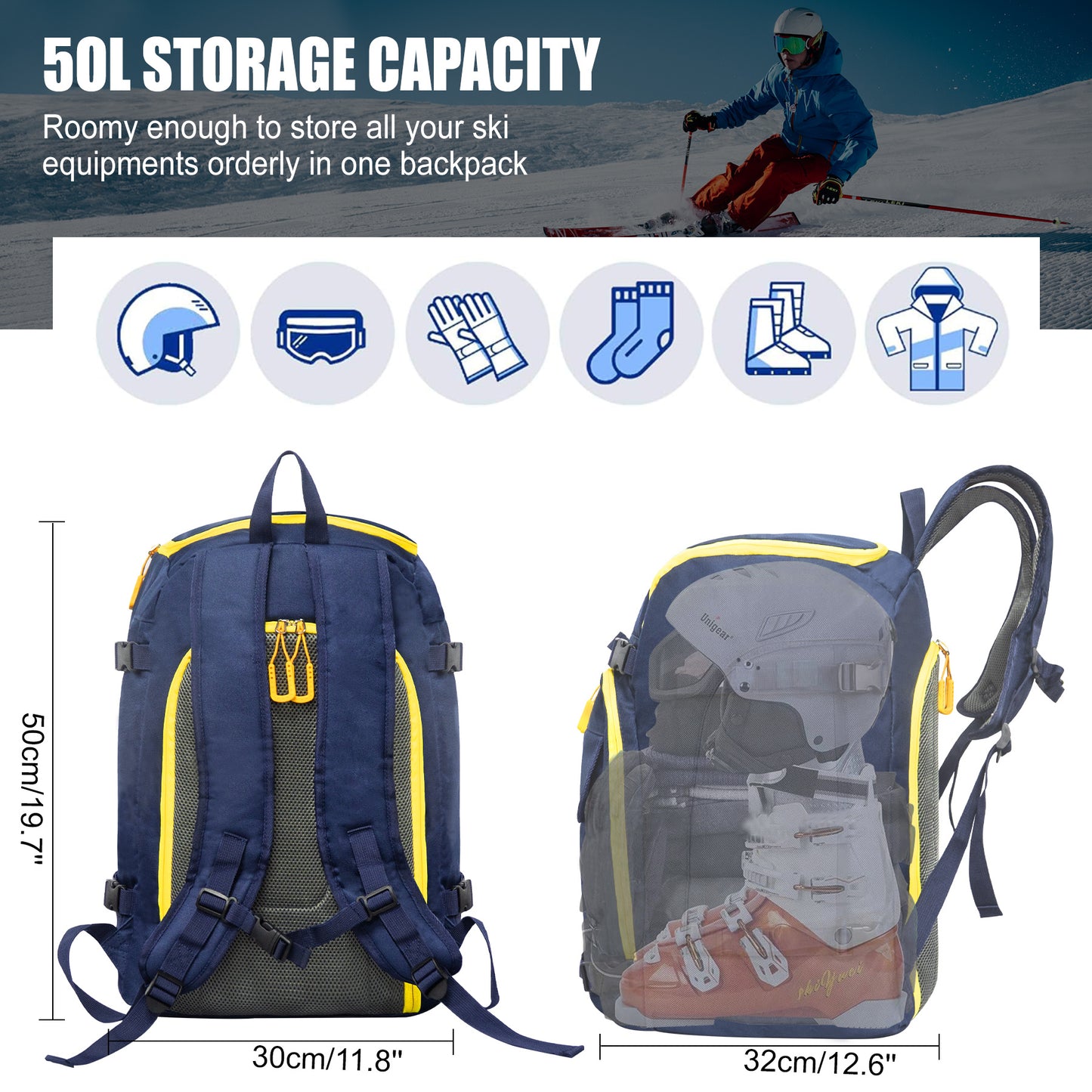 50L Blue Ski Travel Backpack – Large Capacity Outdoor Bag