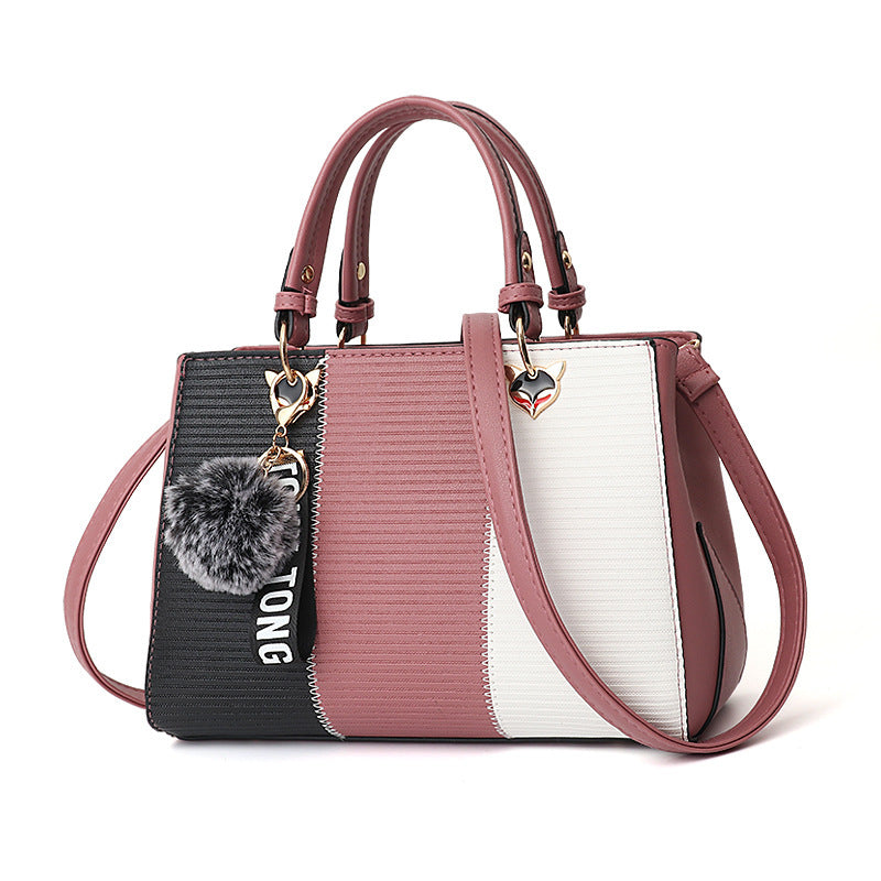 Women Patchwork Handbag with Hairball Ornament – Tote, Party & Crossbody Bag