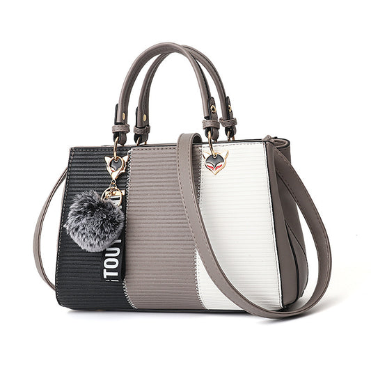 Women Patchwork Handbag with Hairball Ornament – Tote, Party & Crossbody Bag