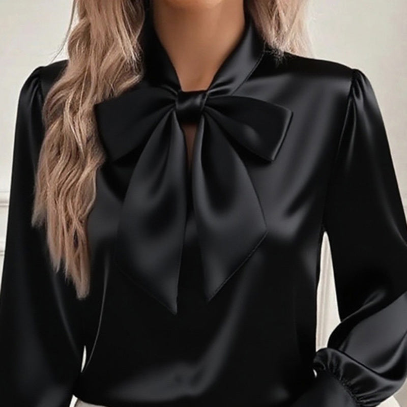 Women’s Satin Bow Blouse – Long Sleeve
