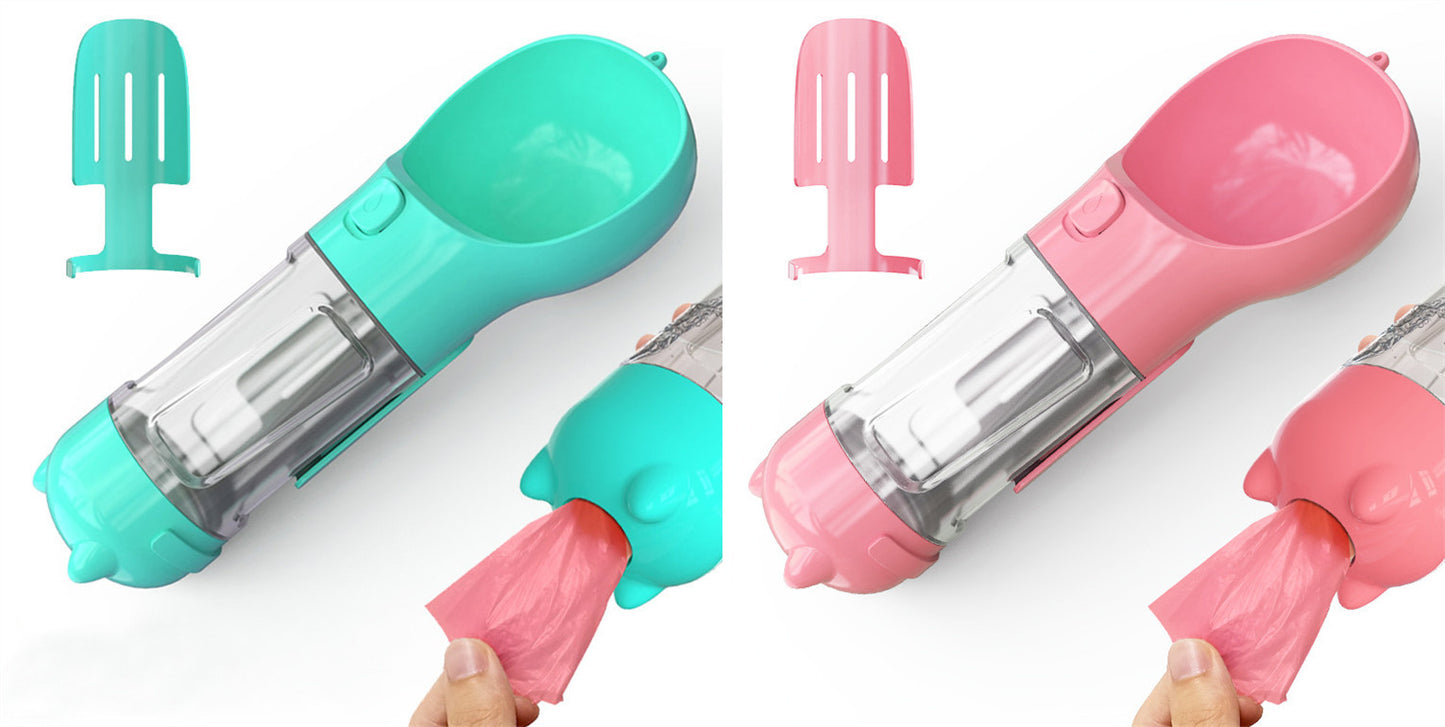 3-in-1 Dog & Cat Water Bottle – Portable Feeder, Bowl & Garbage Bag Dispenser for Travel