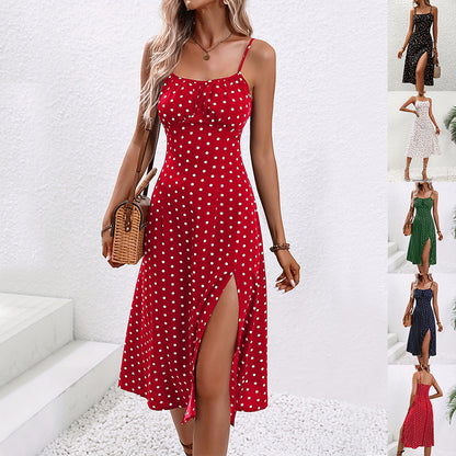Women's Polka Dot Print Suspender Split Long Dress
