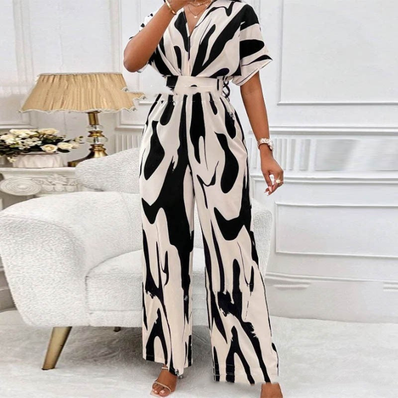 Women’s V-Neck Loose Printed Long Jumpsuit