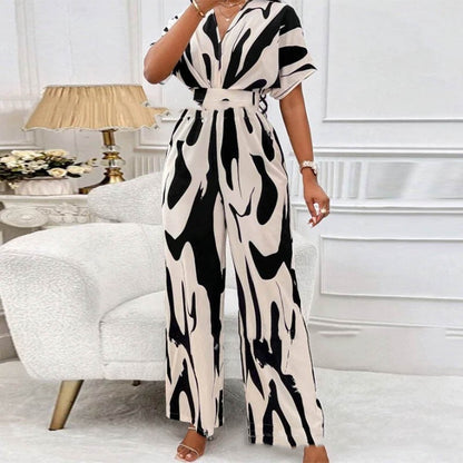 Women’s V-Neck Loose Printed Long Jumpsuit