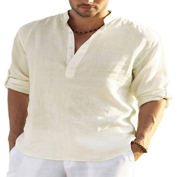 Men’s Cotton Linen Shirt – Casual Long Sleeve with Stand Collar